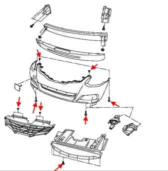 the scheme of fastening of the front bumper Nissan Altima L32 (D32) (2006-2013)